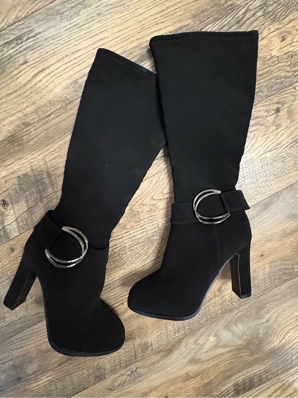 Impo Black Knee-High Heeled Boots with Silver Buckle